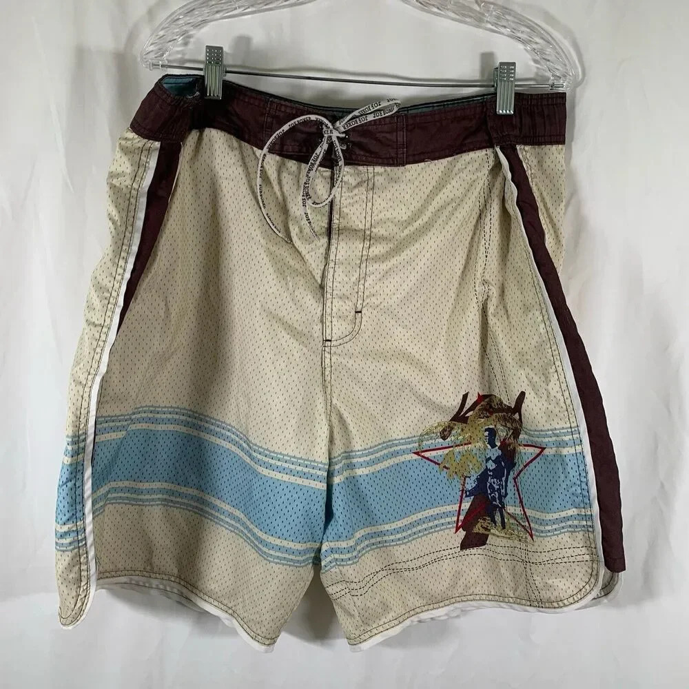 Joe Boxer Board Shorts Men's Large Brown Cream Drawstring Lined